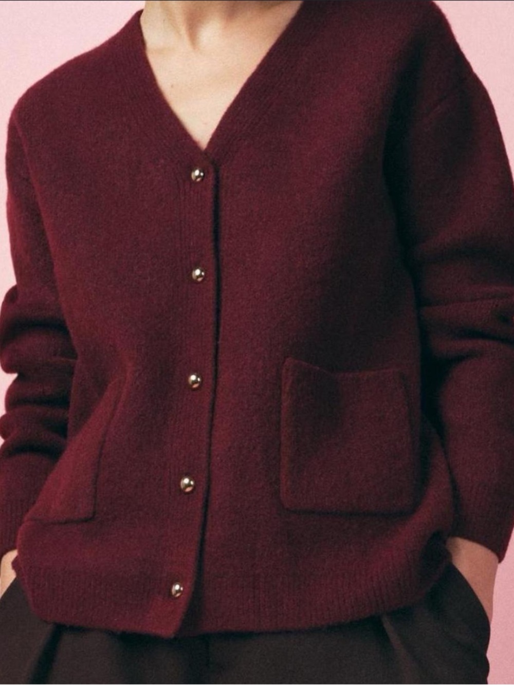 Zara Deep Wine Button-Front V-Neck Cardigan - Picture 2 of 6